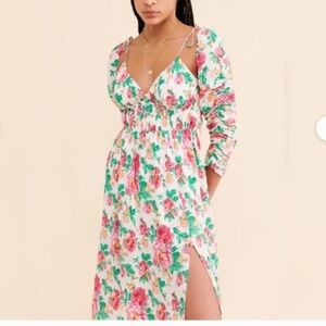 Floral Tie-Shoulder Maxi Dress in White and Pink